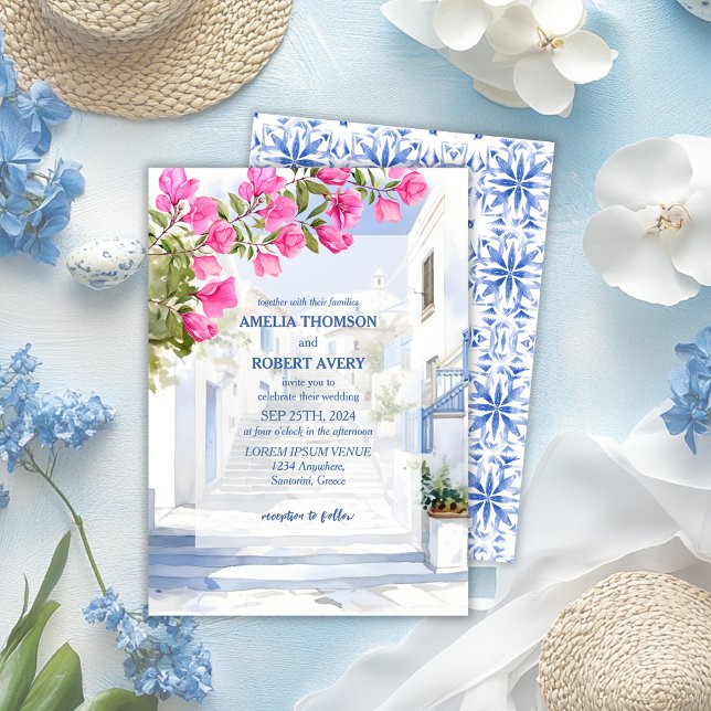 Watercolor Santorini Destination Greece Wedding Invitation (Creator Uploaded)