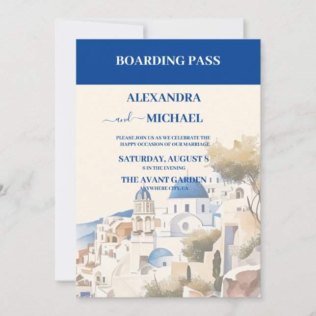 Watercolor Santorini Destination wedding Invitation (Front)