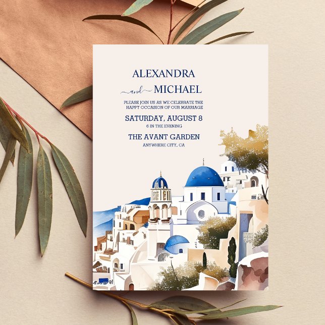 Watercolor Santorini Destination Wedding Invitation (Creator Uploaded)