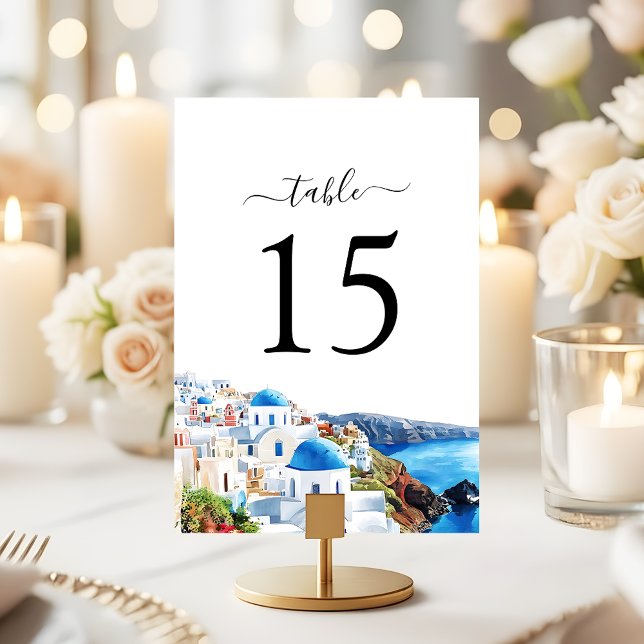 Watercolor Santorini Elegant Coastal Wedding Table Number (Creator Uploaded)