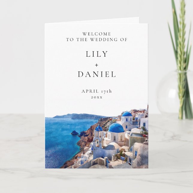 Watercolor Santorini Elegant Wedding Folded Programme (Front)