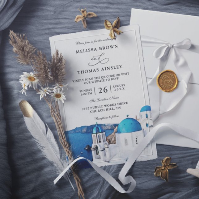 Watercolor Santorini Greece Budget QR Code Wedding Invitation (Creator Uploaded)