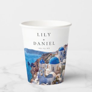 Watercolor Santorini Greece Destination Wedding Paper Cups