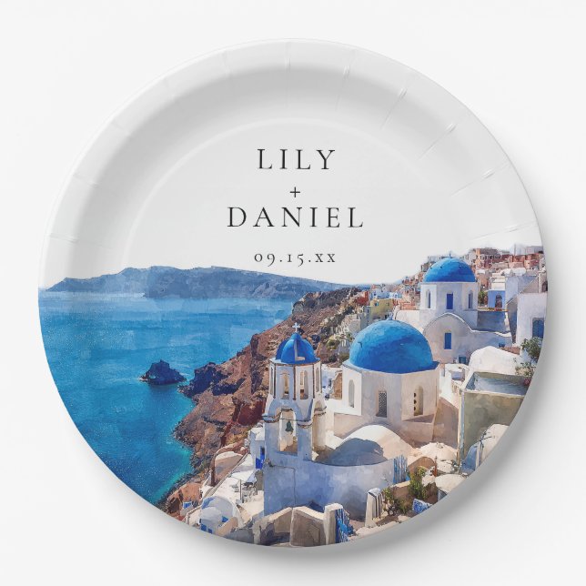 Watercolor Santorini Greece Destination Wedding Paper Plate (Front)
