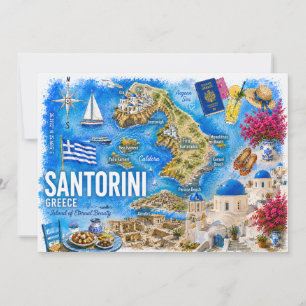 Watercolor Santorini Greece Oia Landmark Map Invitation