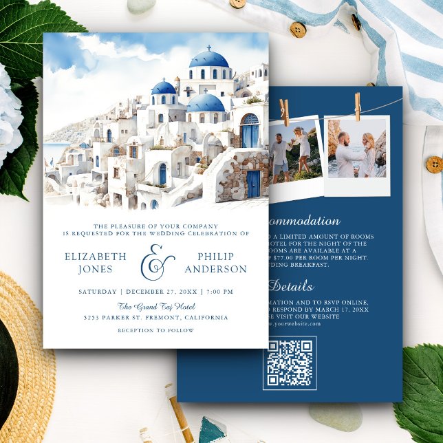 Watercolor Santorini Greece QR Code Wedding Invitation (Creator Uploaded)