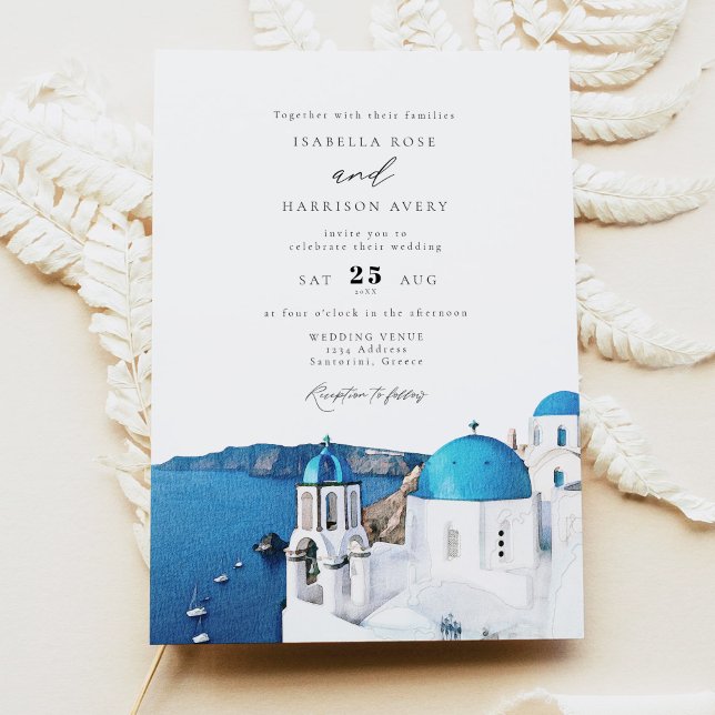 Watercolor Santorini Greece Skyline Wedding Invitation (Creator Uploaded)