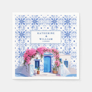 Watercolor Santorini Greece wedding blue and white Napkin