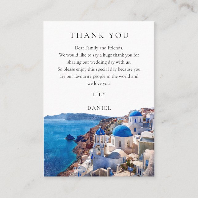 Watercolor Santorini Greece Wedding Thank You Place Card (Front)
