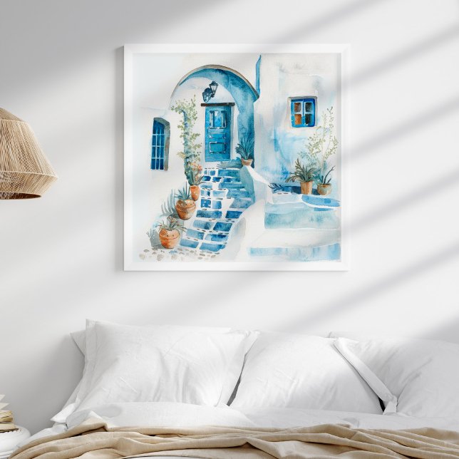 Watercolor Santorini Greek Wall Art (Watercolor Santorini Greek Wall Art in a neutral boho coastal bedroom in a white frame.)