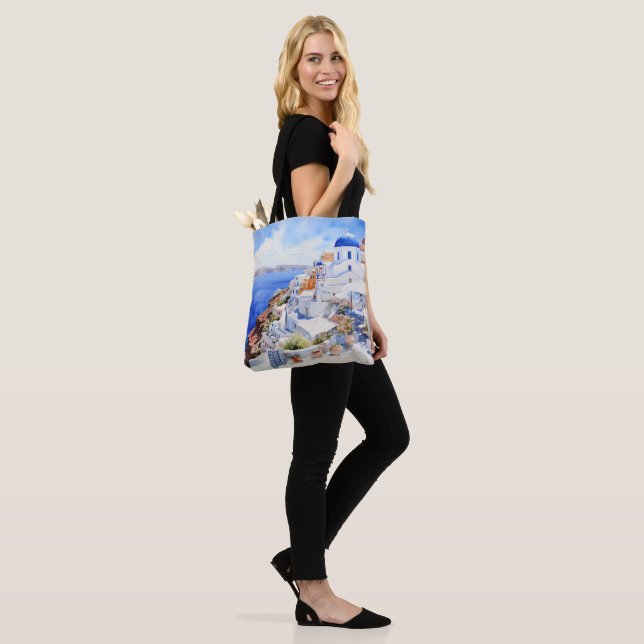 Watercolor Santorini Tote Bag (On Model)
