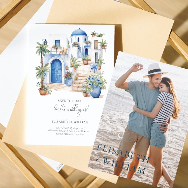 Watercolor Santorini Wedding Custom Photo Invitation (Creator Uploaded)