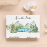 Watercolor Save the Date Mountain Forest River Announcement Postcard<br><div class="desc">This design may be personalised in the area provided by changing the photo and/or text. Or it can be customised by clicking Personalise this Template and then choosing the click to customise further option and delete or change the colour of the background, add text, change the text colour or style,...</div>