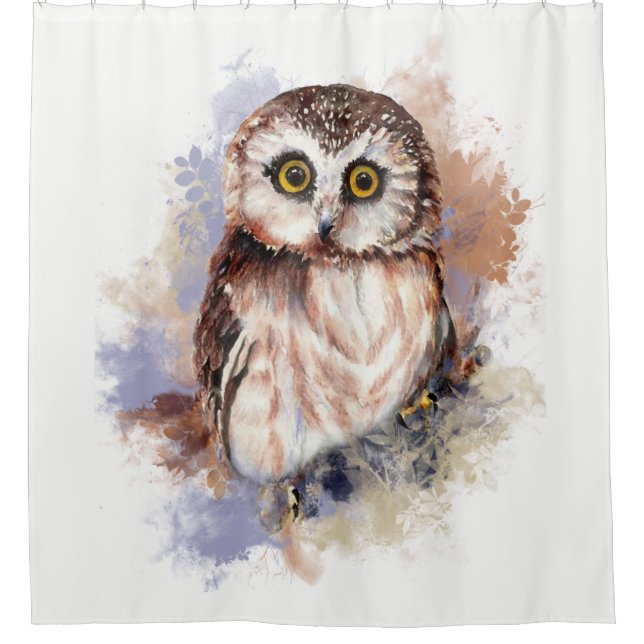 Watercolor Saw Whet Owl Bird Animal Art Shower Curtain (Front)