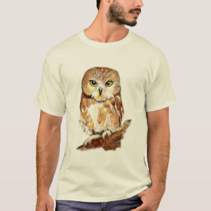 Watercolor Saw Whet Owl Cute Bird Nature Art T-Shirt