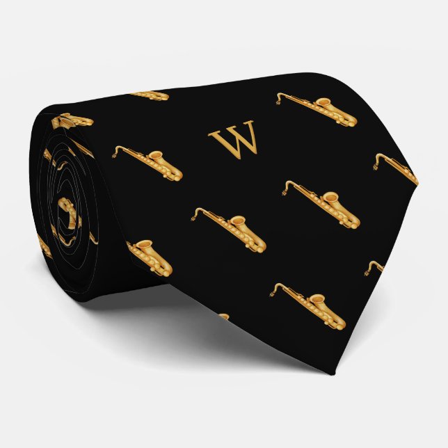 Watercolor Saxophone Jazz Music Monogrammed Black Tie (Rolled)