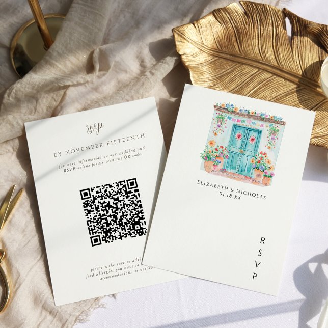 Watercolor Sayulita Mexico | QR Code Wedding RSVP Card (Creator Uploaded)