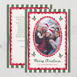 Watercolor Scallop Stripes Christmas Photo Holiday Card