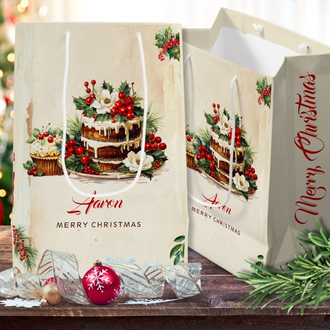 Watercolor Scandinavian Leaves Merry Christmas Medium Gift Bag (Creator Uploaded)