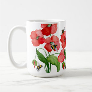 Watercolor scarlet poppy flowers and cute bumblebe coffee mug