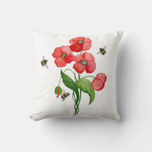 Watercolor scarlet poppy flowers and cute bumblebe cushion