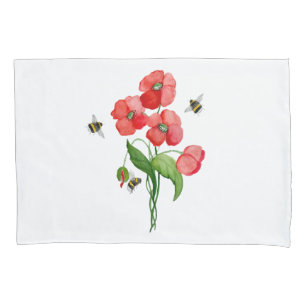 Watercolor scarlet poppy flowers and cute bumblebe pillowcase