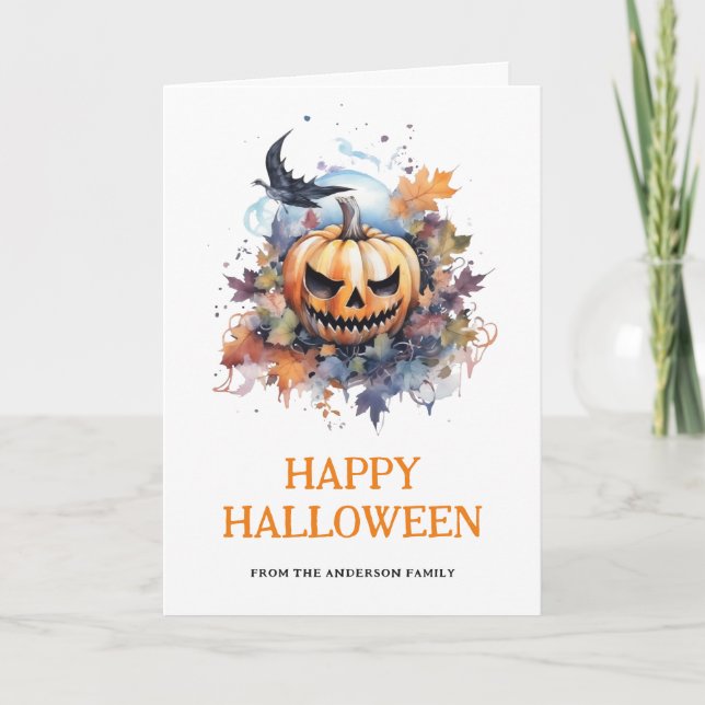 Watercolor Scary Pumpkin Photo Happy Halloween Card (Front)