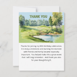 Watercolor Scenic Golf Theme 80th Birthday Flat Thank You Card