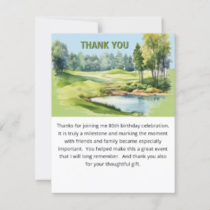 Watercolor Scenic Golf Theme 80th Birthday Flat Thank You Card