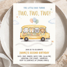 Watercolor School Bus 2nd Birthday Animal Party