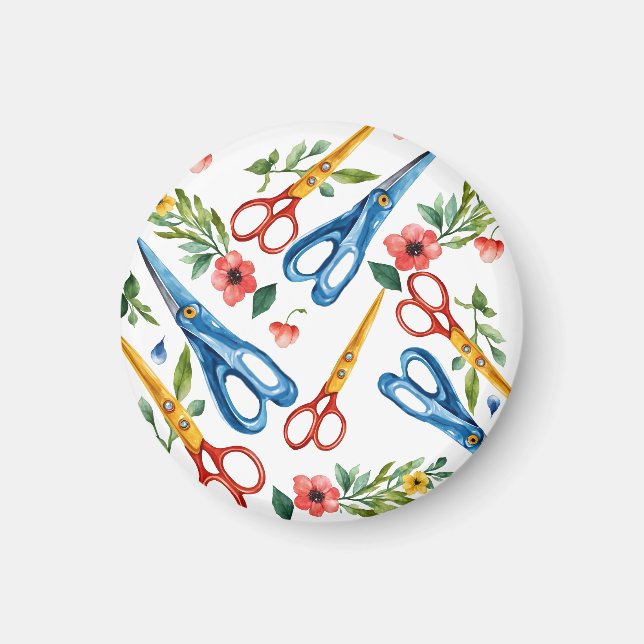 Watercolor Scissors & Wildflowers Seamless Pattern Magnet (Front)