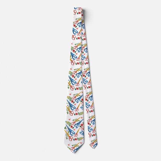 Watercolor Scissors & Wildflowers Seamless Pattern Tie (Front)