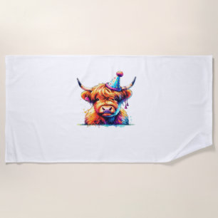 Watercolor Scottish Highland Cow Birthday Essentia Beach Towel