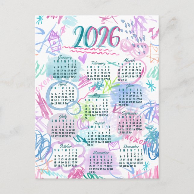 Watercolor scribbles calendar  holiday postcard (Front)