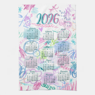Watercolor Scribbles Calendar Tea Towel 2026