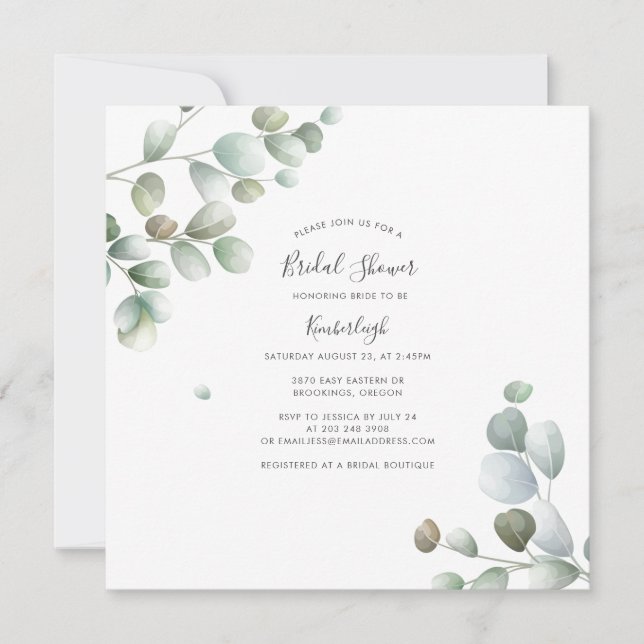 Watercolor Script Elegant Eucalyptus Bridal Shower Invitation (Front)