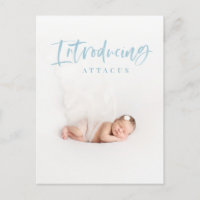 Watercolor script text photo birth announcement