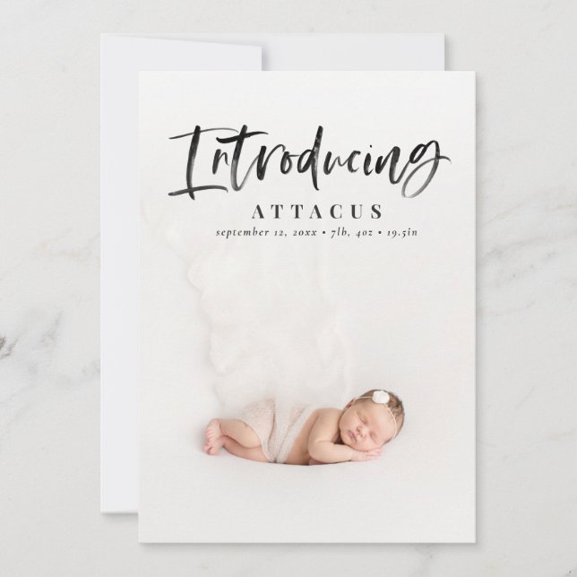 Watercolor script text photo birth announcement (Front)