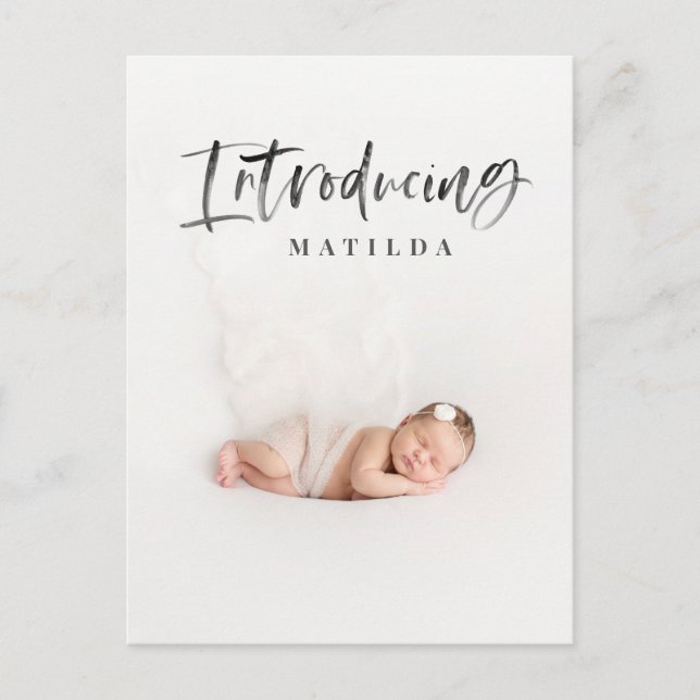 Watercolor script text photo birth announcement (Front)