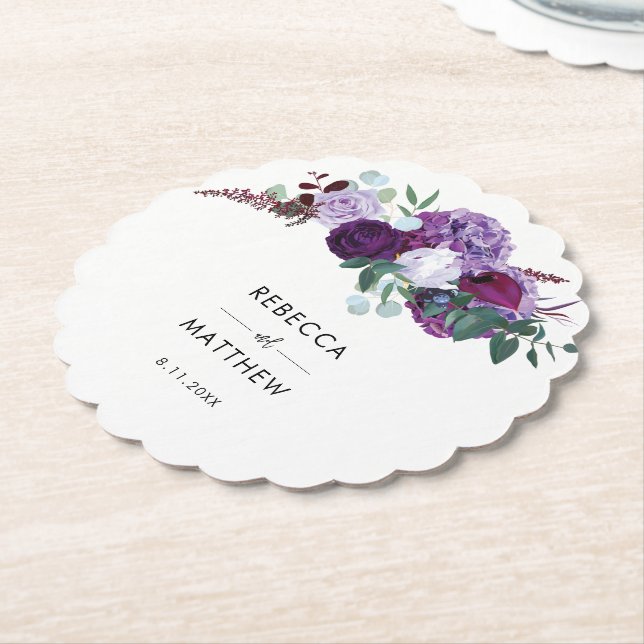 Watercolor Script Wedding Favour Floral Paper Coaster (Angled)