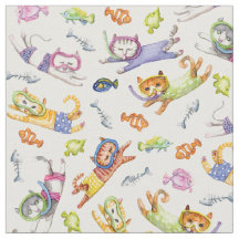Watercolor Scuba Diving Cats Pattern