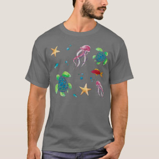 Watercolor Sea Creatures Pattern T-Shirt