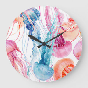 Watercolor Sea Life: Bubbles & Jellyfish Large Clock