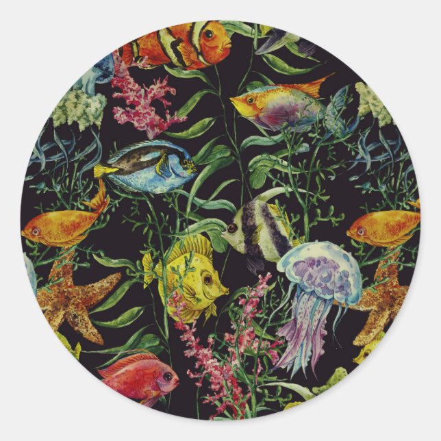 Watercolor Sea Life Pattern 1 Classic Round Sticker (Front)