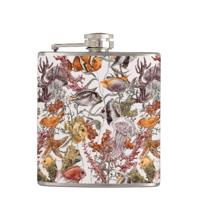 Watercolor Sea Life Pattern 2 Hip Flask (Front)