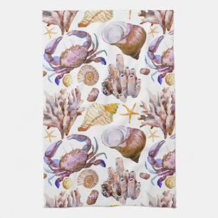 Watercolor Sea Life Pattern 4 Tea Towel