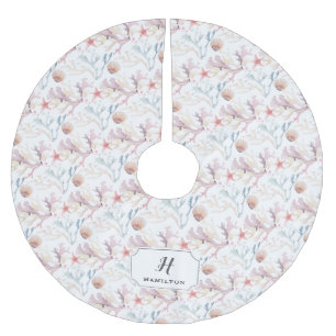 Watercolor Sea Life Pattern Monogram Brushed Polyester Tree Skirt