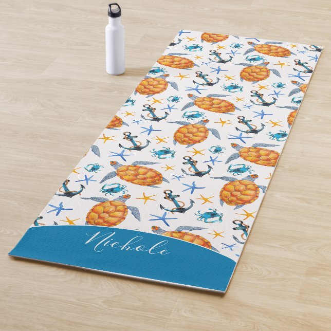 Watercolor Sea Life Turtles Crabs Anchors Yoga Mat (In Situ)
