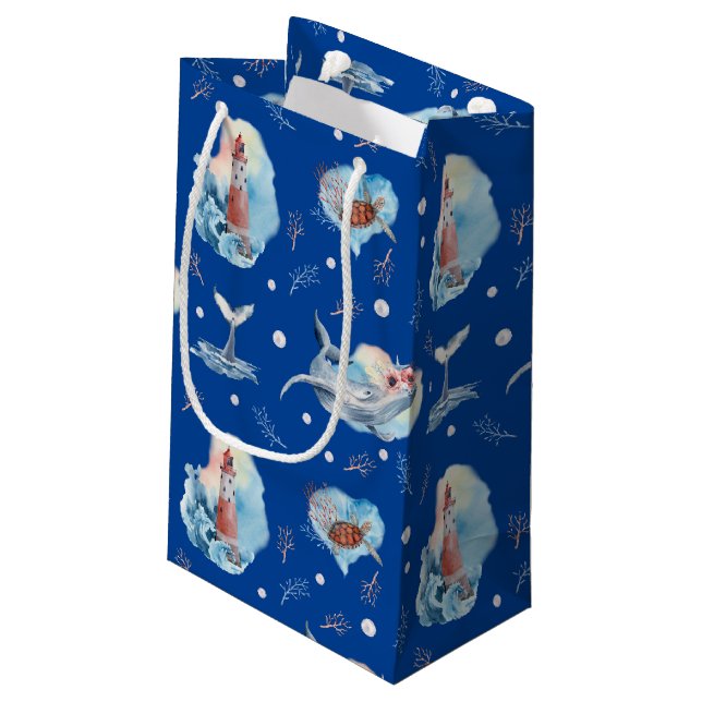 Watercolor Sea lighthouse Whale Deep Blue Small Gift Bag (Back Angled)