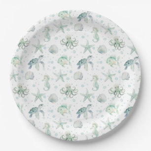 Watercolor Sea Ocean Nautical Starfish Shells Paper Plate